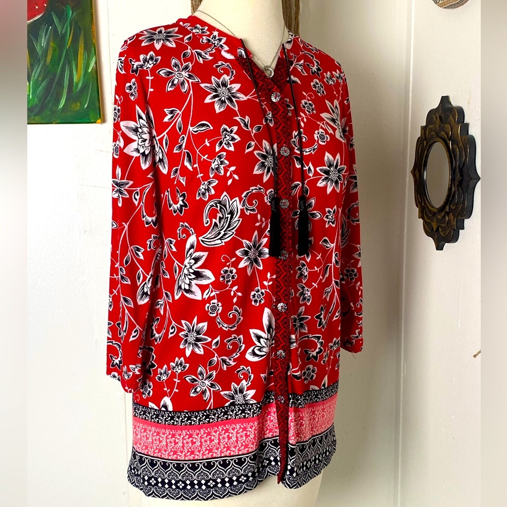 NWOT Susan Graver exotic boho 3/4 sleeve button up red black flowers top XXS